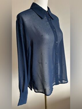 NWT Rachel Zoe Sheer Navy Blouse w. Beaded Embellishments